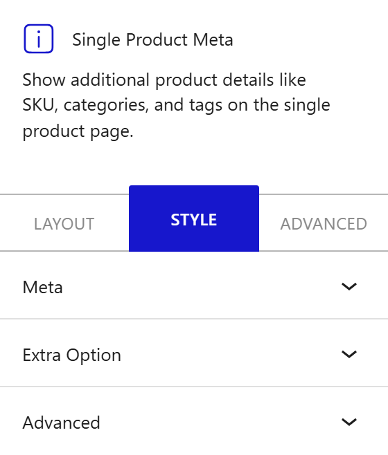 Nexter Blocks WooCommerce Meta block Style inspector settings