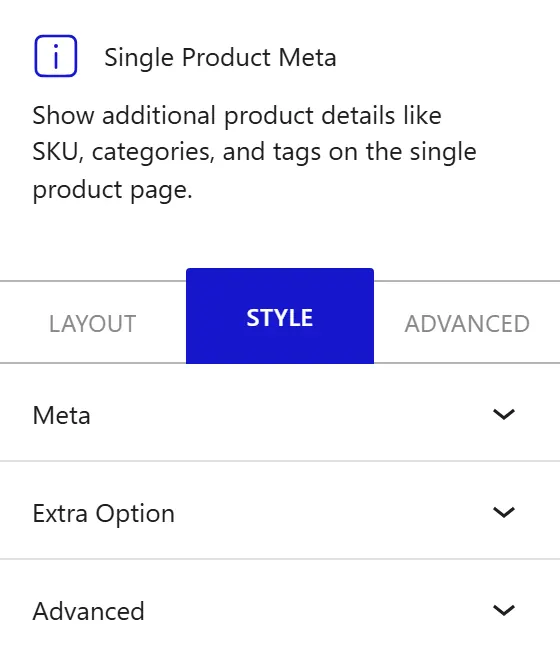 Nexter Blocks WooCommerce Meta block Style inspector settings