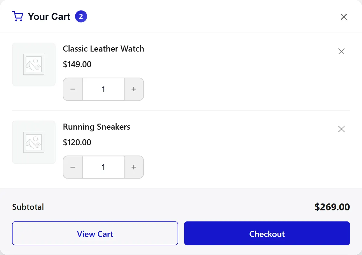 Nexter Blocks WooCommerce mini cart drawer showing cart items, subtotal, and checkout buttons