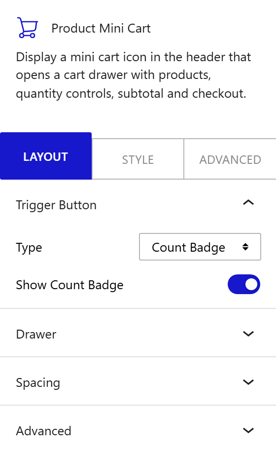 Nexter Blocks WooCommerce Mini Cart block Layout inspector settings