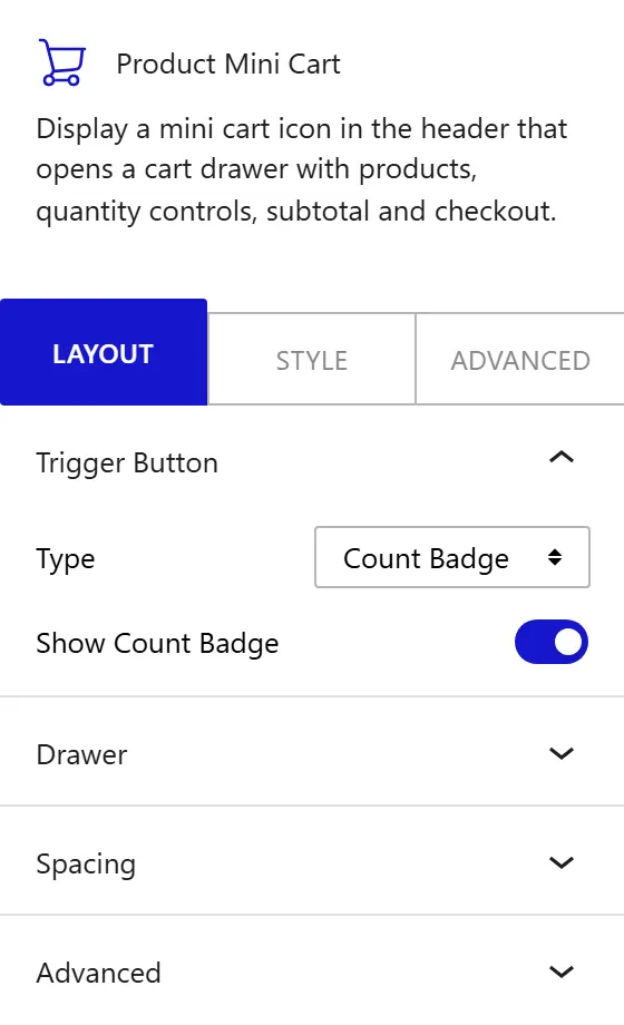 Nexter Blocks WooCommerce Mini Cart block Layout inspector settings