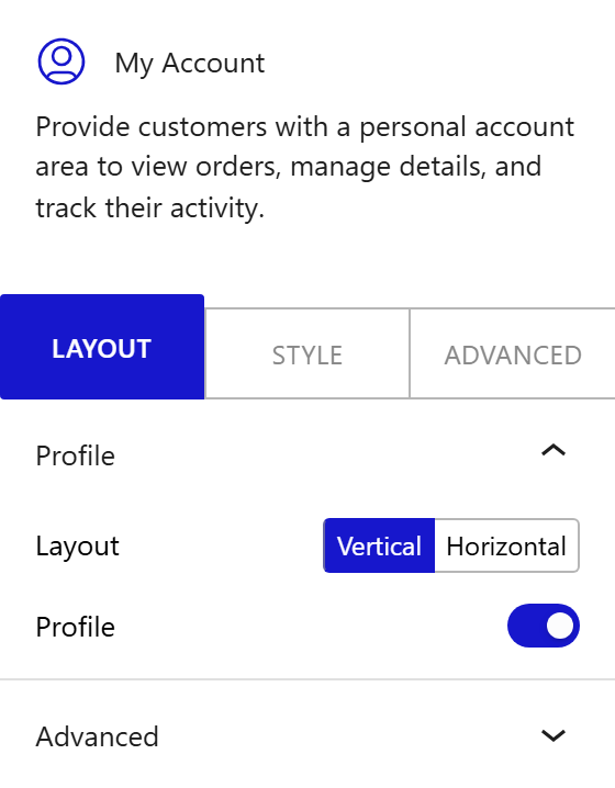 Nexter Blocks WooCommerce My Account block Layout inspector settings