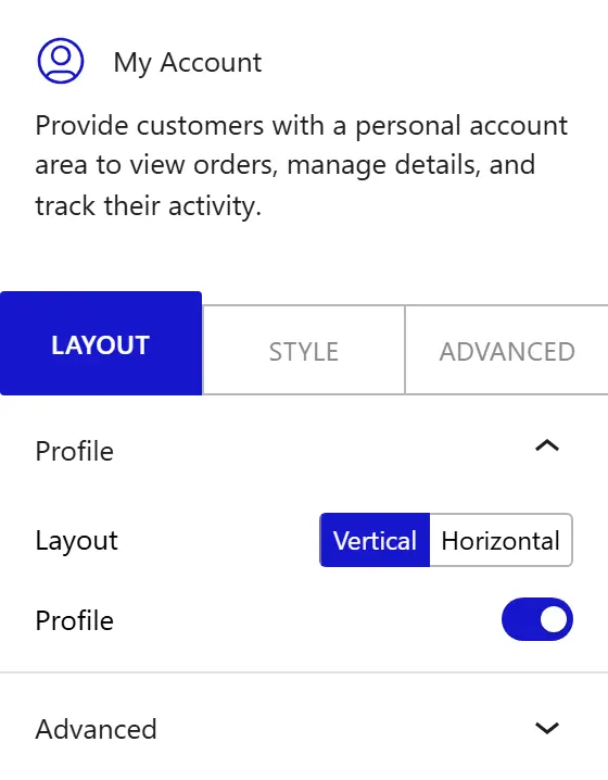 Nexter Blocks WooCommerce My Account block Layout inspector settings