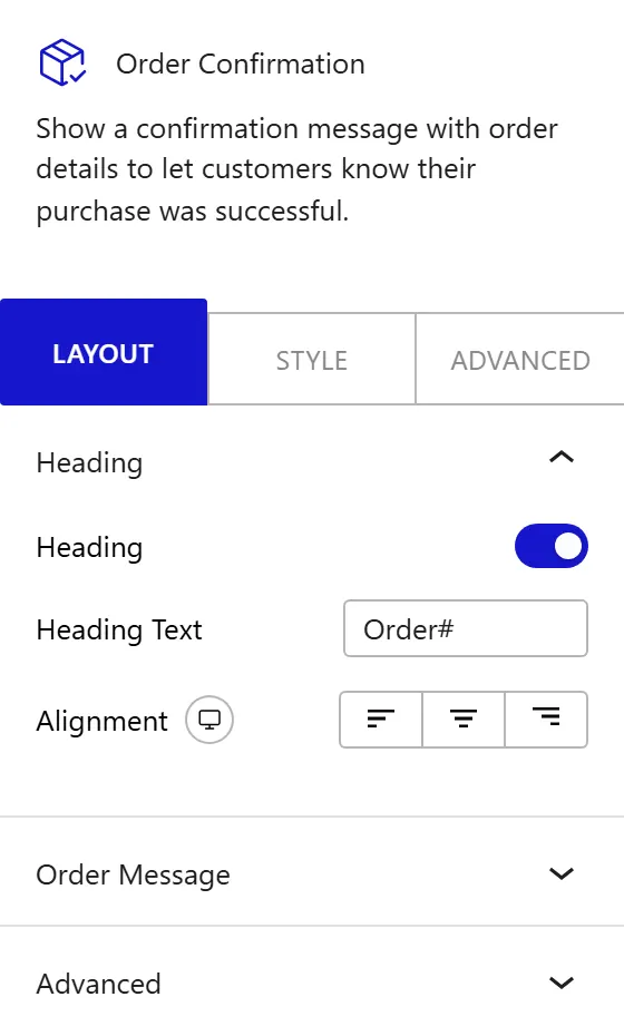 Nexter Blocks WooCommerce Order Confirmation block Layout inspector settings
