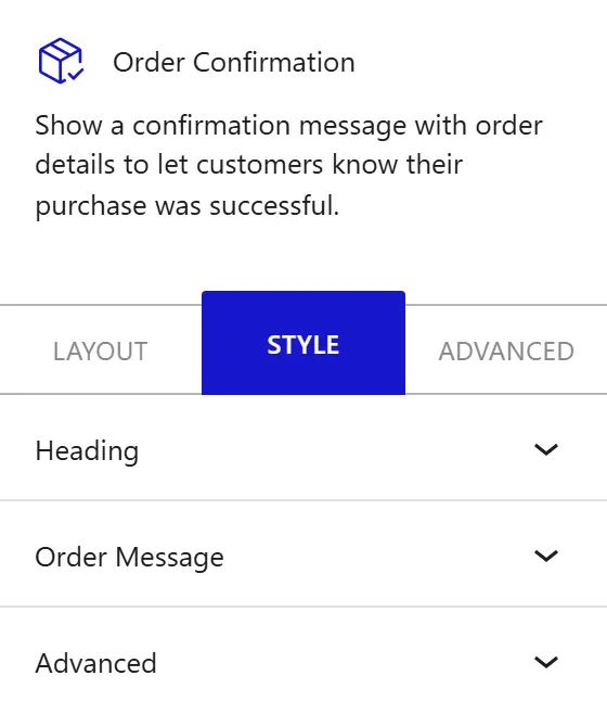 Nexter Blocks WooCommerce Order Confirmation block Style inspector settings