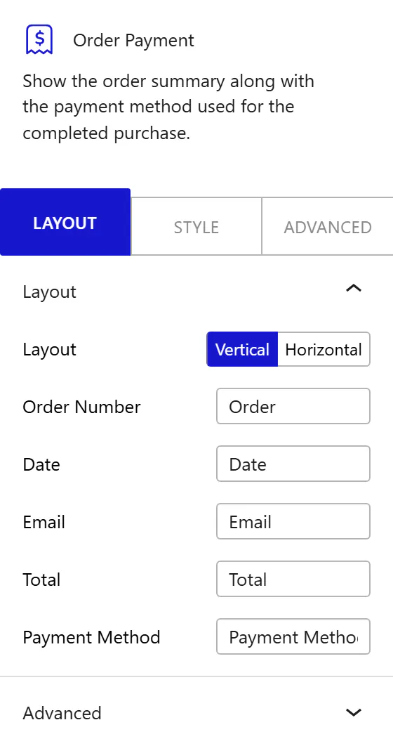 Nexter Blocks WooCommerce Order Payment block Layout inspector settings