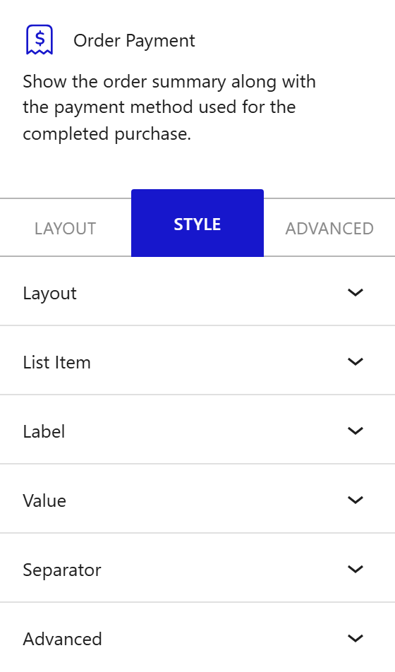 Nexter Blocks WooCommerce Order Payment block Style inspector settings