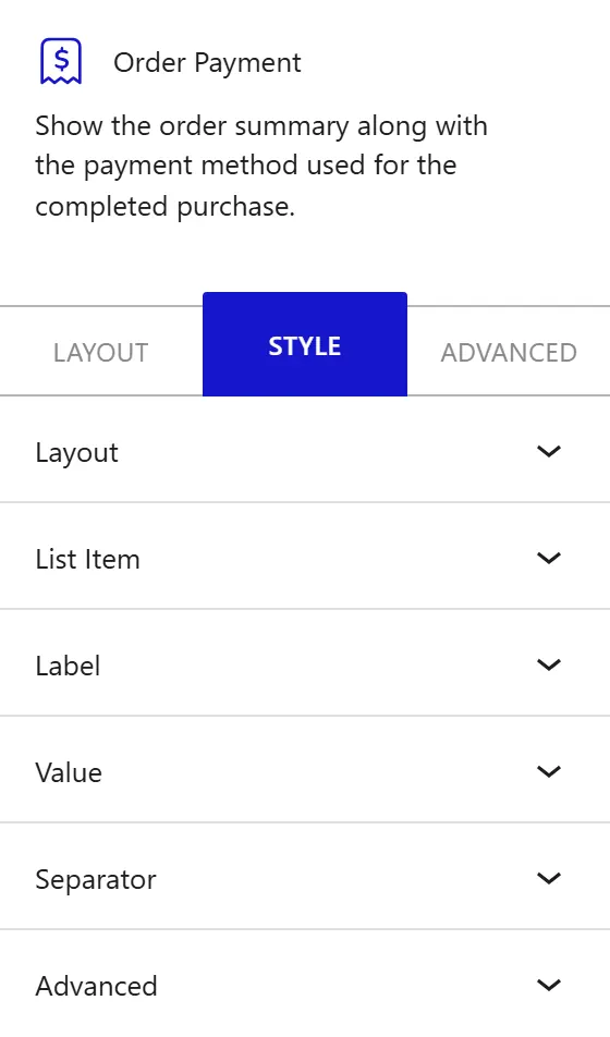 Nexter Blocks WooCommerce Order Payment block Style inspector settings