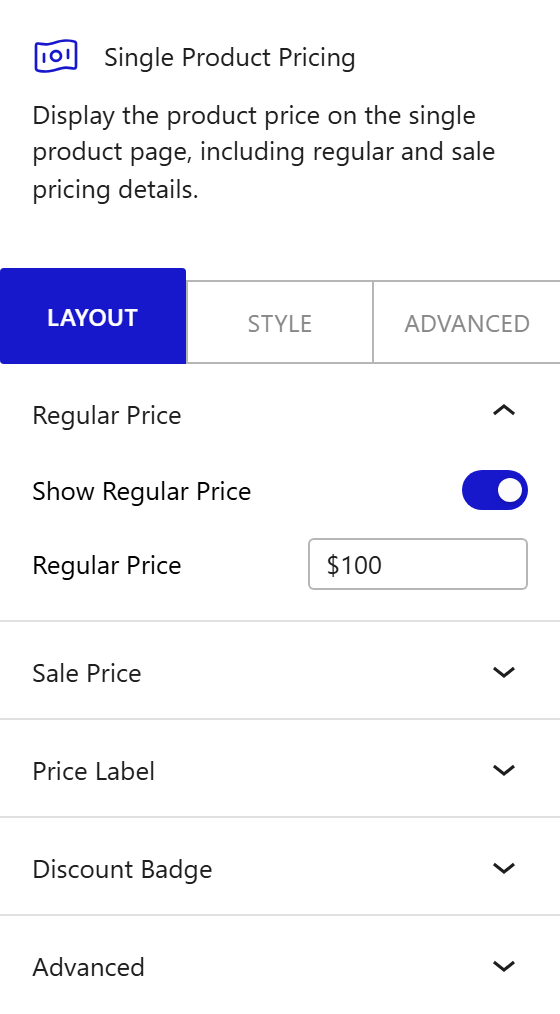 Nexter Blocks WooCommerce Pricing block Layout inspector settings