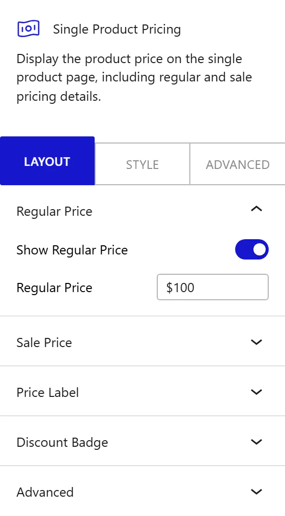 Nexter Blocks WooCommerce Pricing block Layout inspector settings