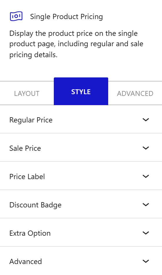 Nexter Blocks WooCommerce Pricing block Style inspector settings