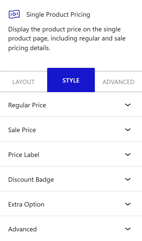 Nexter Blocks WooCommerce Pricing block Style inspector settings