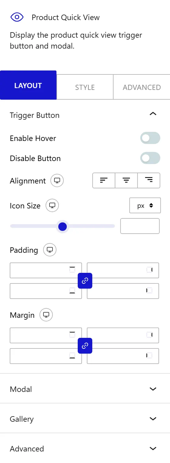 Nexter Blocks WooCommerce Quick View block Layout inspector settings