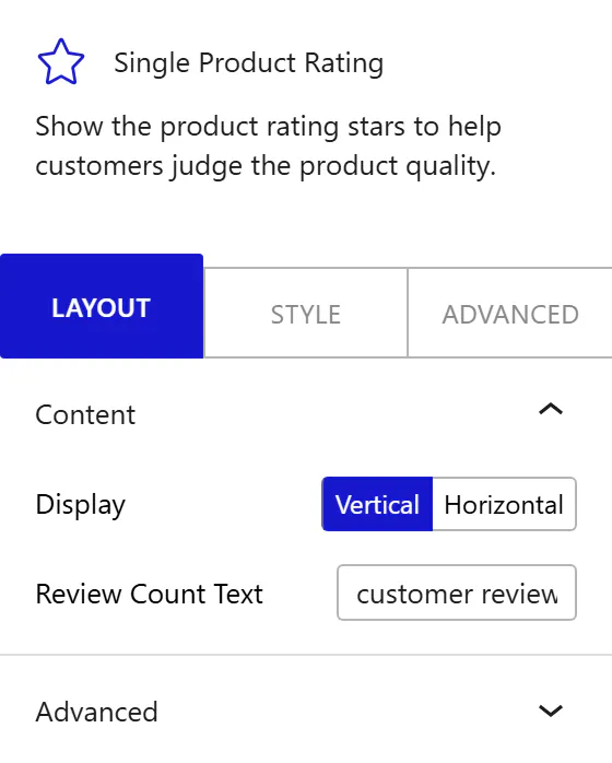 Nexter Blocks WooCommerce Rating block Layout inspector settings