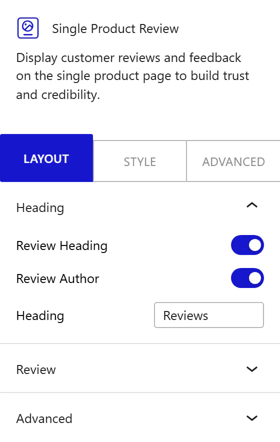 Nexter Blocks WooCommerce Review block Layout inspector settings