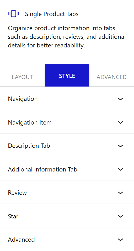 Nexter Blocks WooCommerce Single Product Tabs block Style inspector with navigation, tab content, and review options