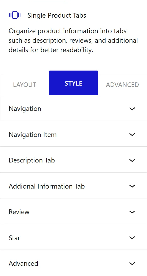 Nexter Blocks WooCommerce Single Product Tabs block Style inspector with navigation, tab content, and review options