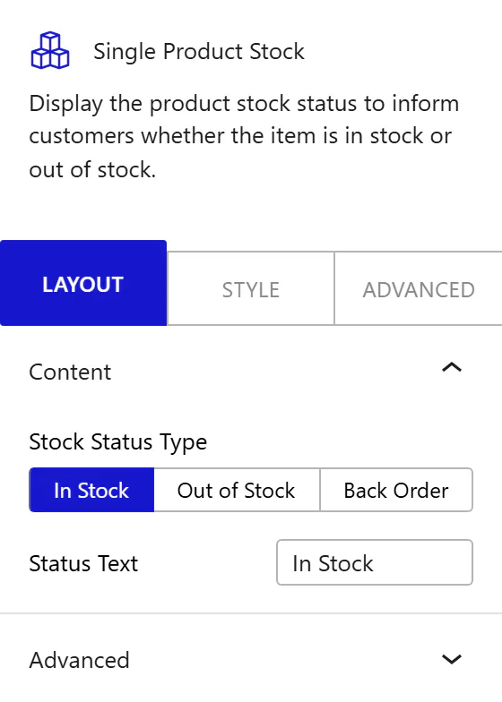 Nexter Blocks WooCommerce Stock block Layout inspector settings