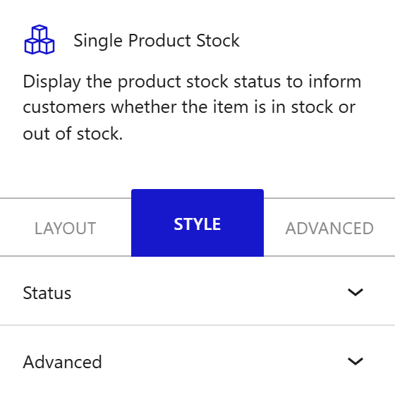 Nexter Blocks WooCommerce Stock block Style inspector settings