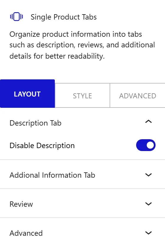 Nexter Blocks WooCommerce Tabs block Layout inspector settings