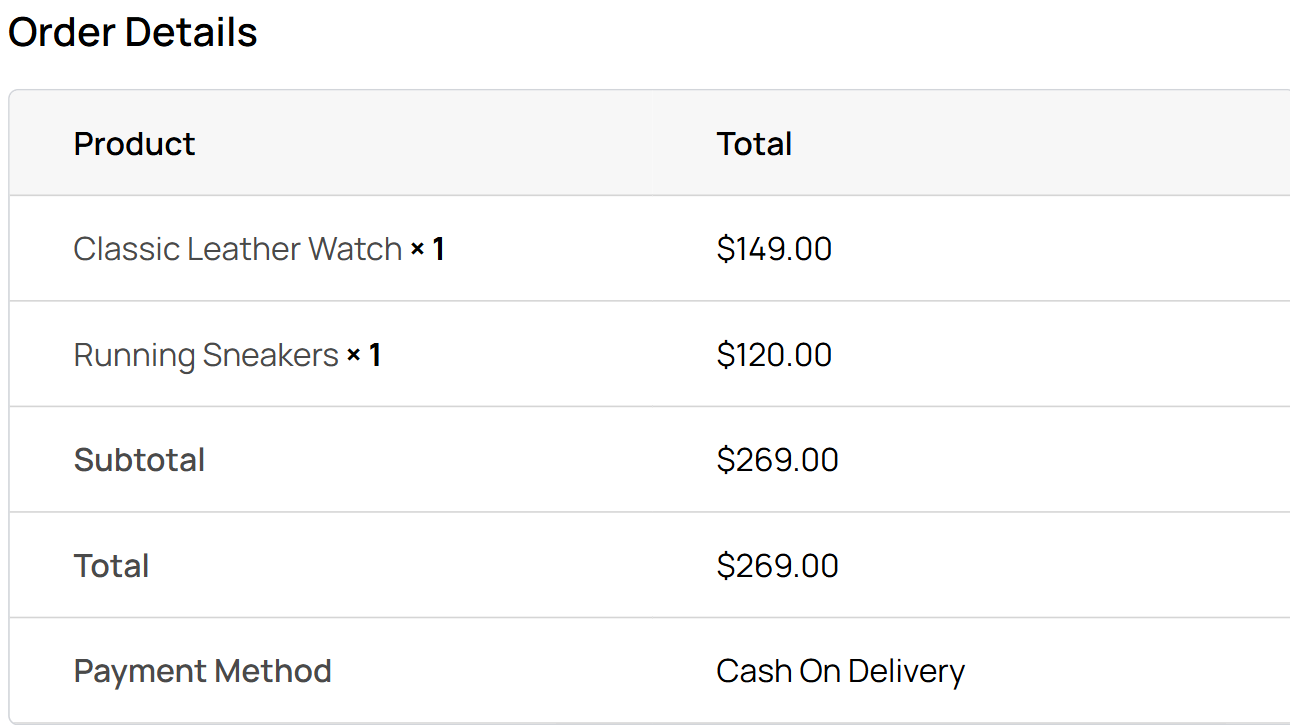 Nexter Blocks WooCommerce Thank You Order Details block showing the order table with products, subtotal, total, and payment method