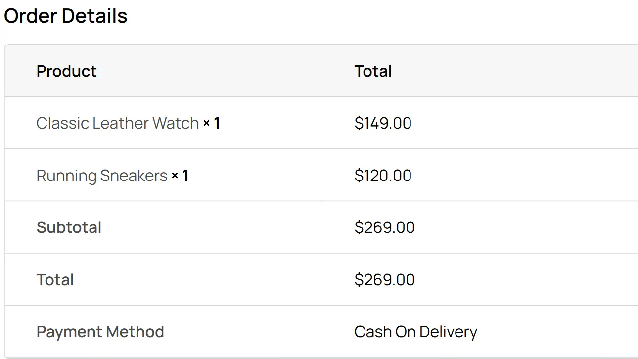 Nexter Blocks WooCommerce Thank You Order Details block showing the order table with products, subtotal, total, and payment method
