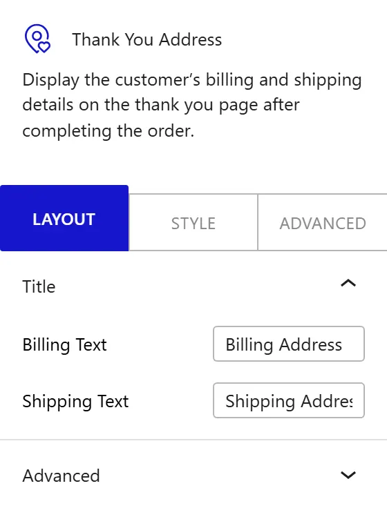 Nexter Blocks WooCommerce Ty Address block Layout inspector settings