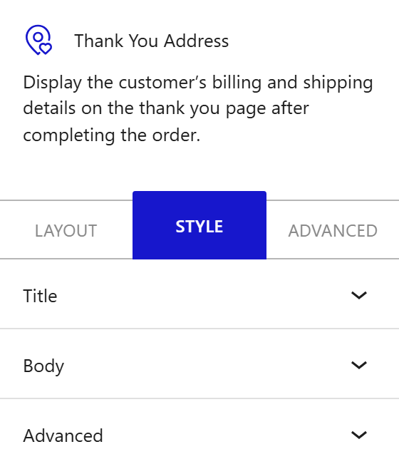 Nexter Blocks WooCommerce Ty Address block Style inspector settings