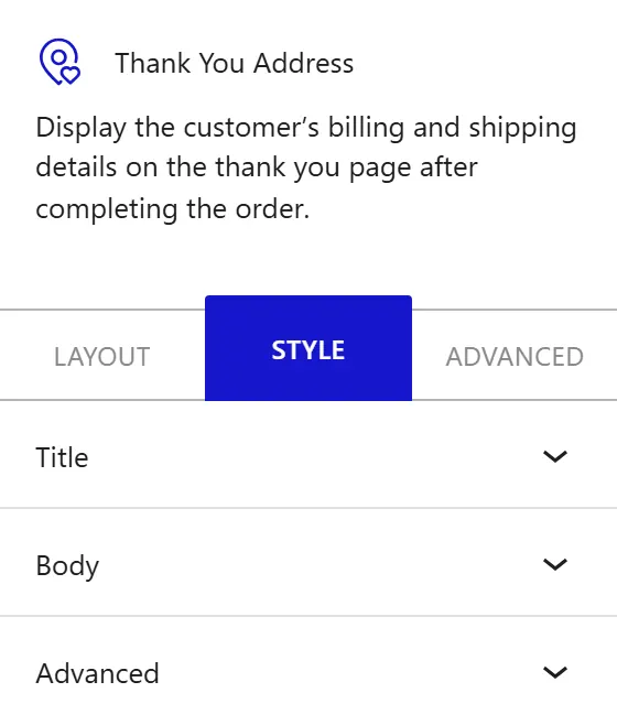 Nexter Blocks WooCommerce Ty Address block Style inspector settings
