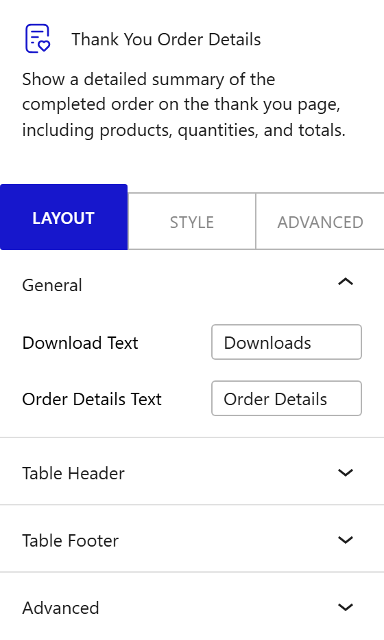 Nexter Blocks WooCommerce Ty Details block Layout inspector settings