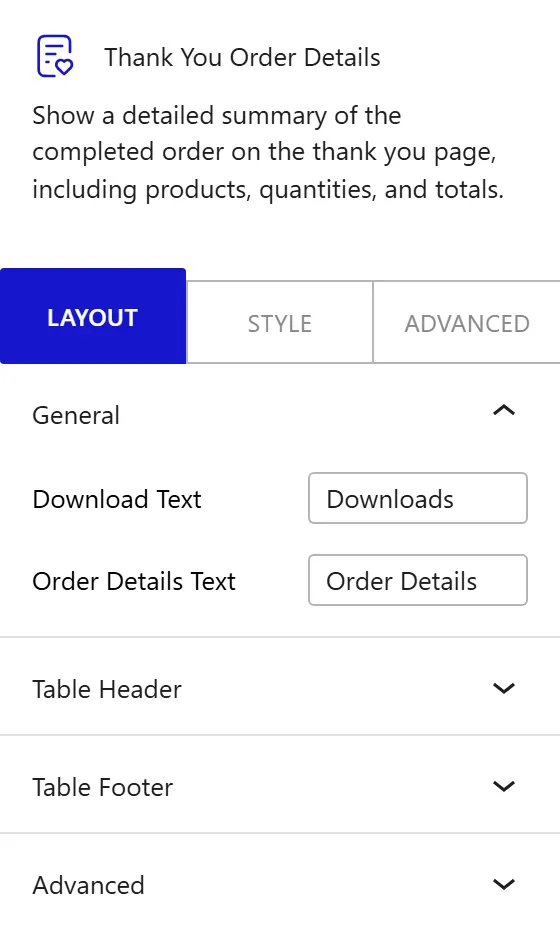 Nexter Blocks WooCommerce Ty Details block Layout inspector settings