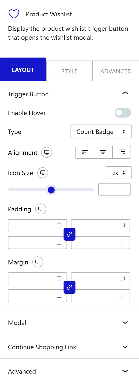 Nexter Blocks WooCommerce Wishlist block Layout inspector settings
