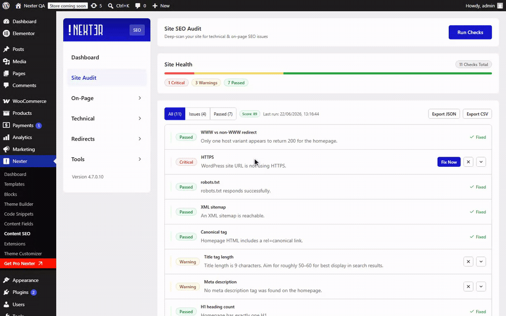Nexter SEO Site Audit with the All, Issues, and Passed filter tabs