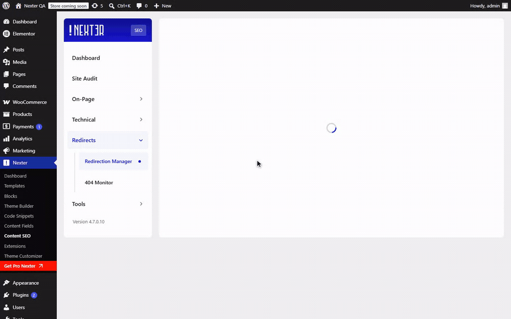 Nexter SEO Redirection Manager: Add New opens the 301 Redirect Manager modal with From, Condition, Redirect Type, and To URL fields