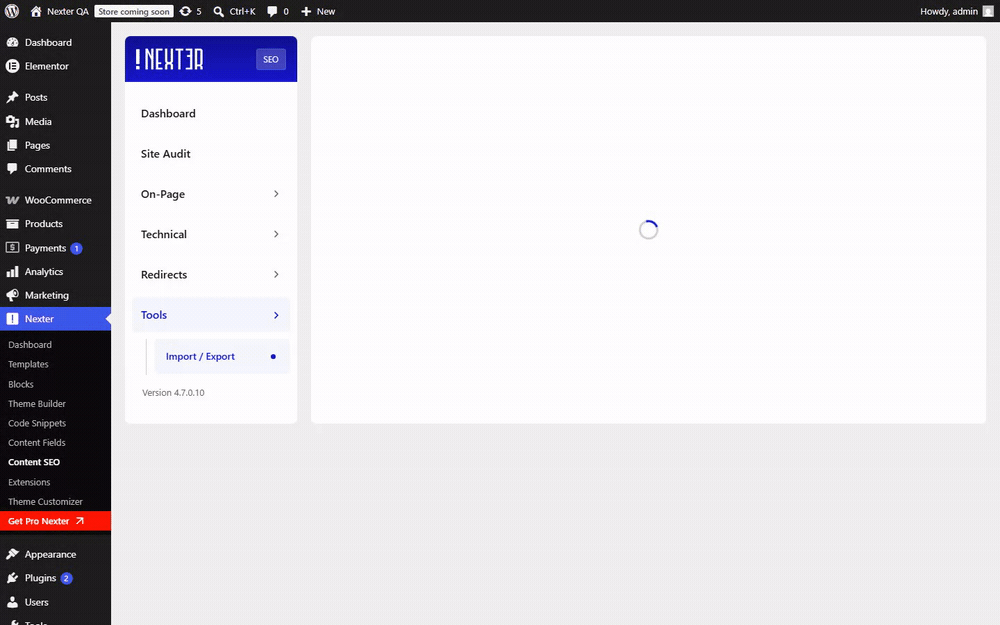 Nexter SEO Import / Export screen showing the import drop area and export toggles