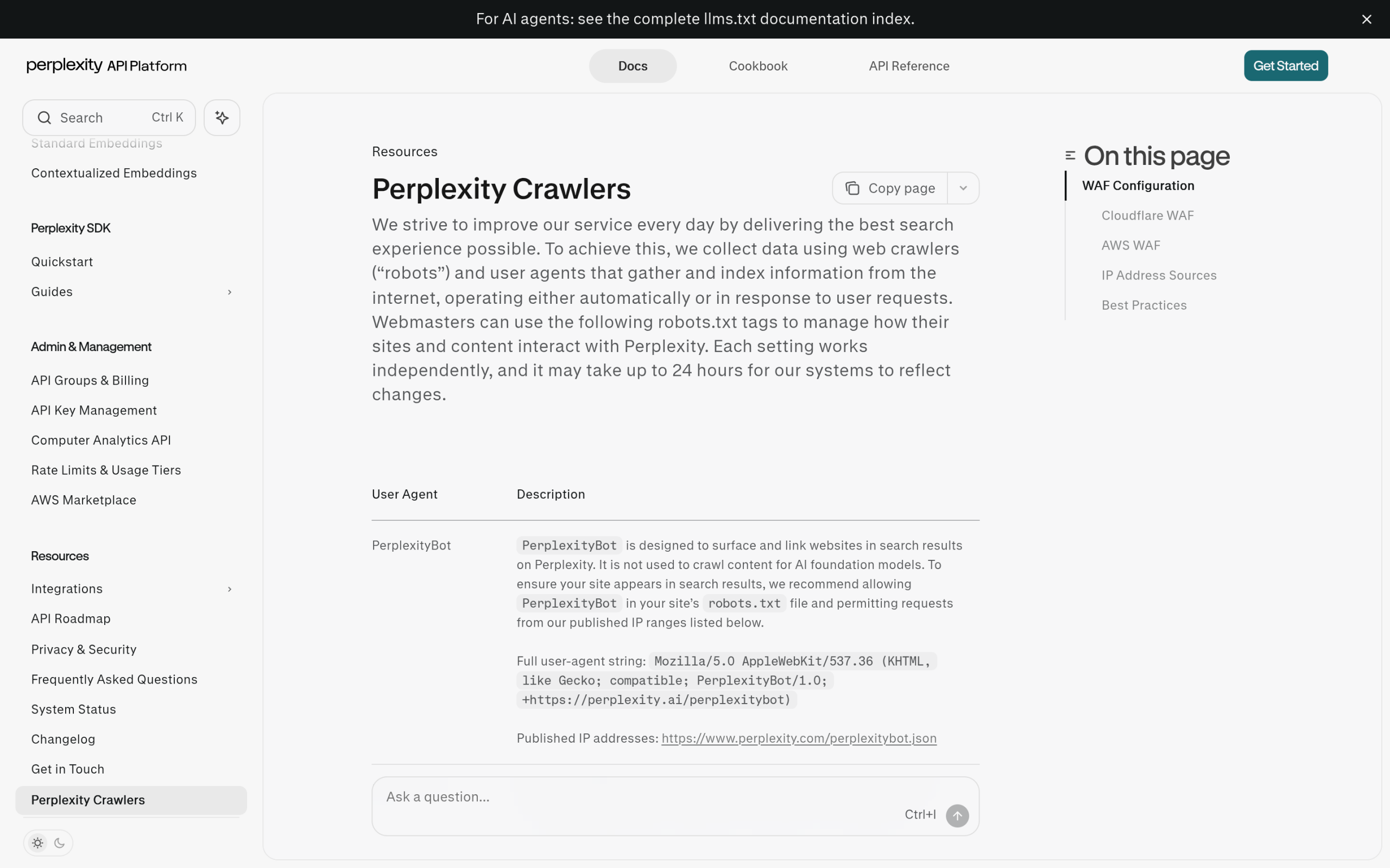 Perplexity's official crawler documentation showing the PerplexityBot user agent
