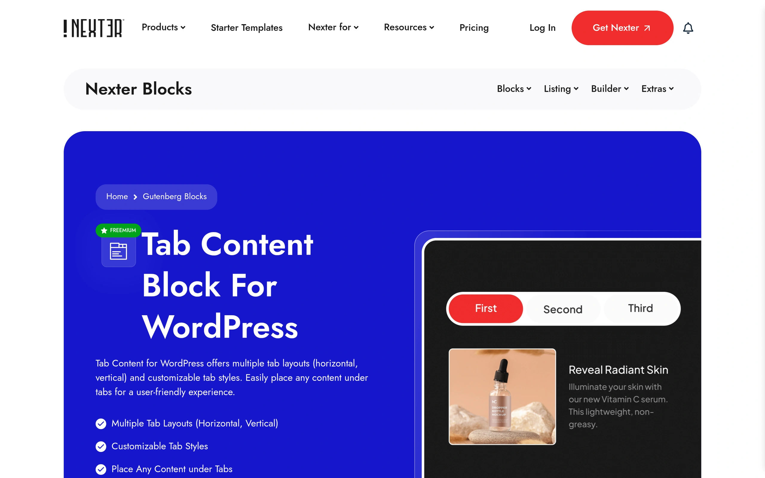 Nexter Blocks Tabs Tours block page showing horizontal and vertical tab layout demos
