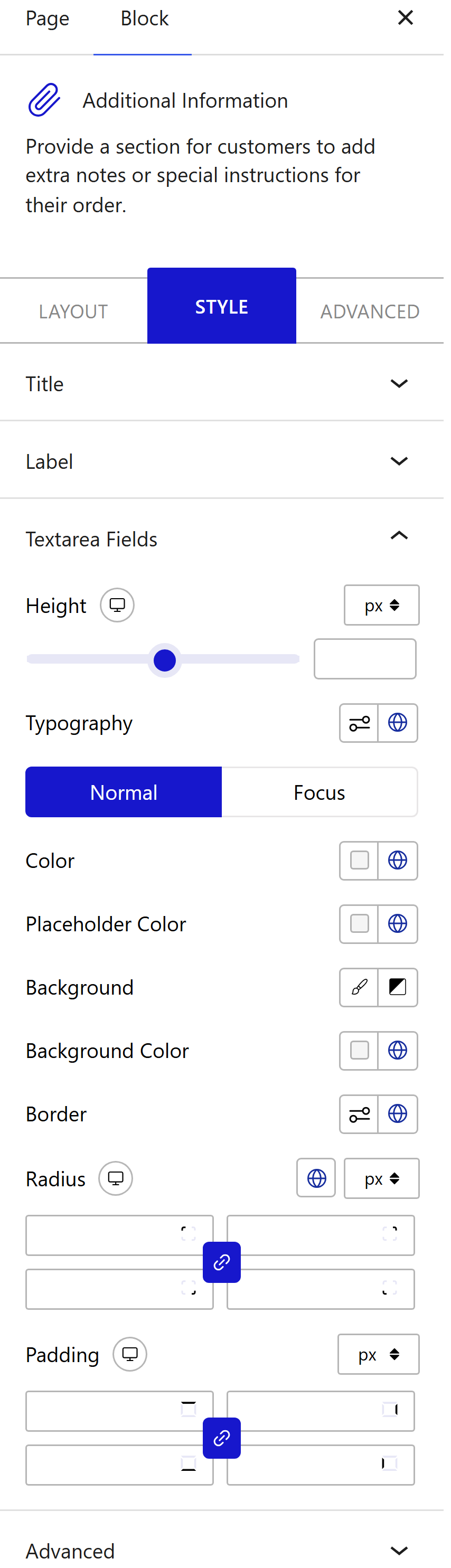 Nexter Blocks WooCommerce Additional Info block Style inspector settings
