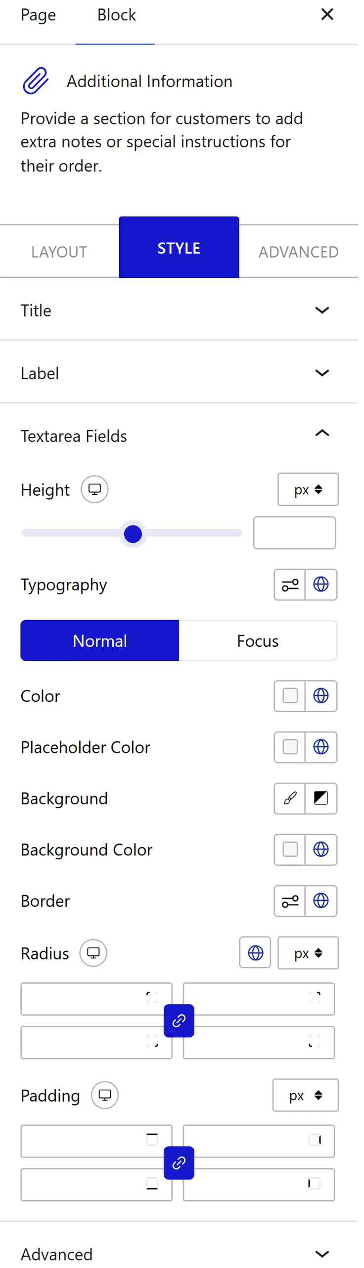 Nexter Blocks WooCommerce Additional Info block Style inspector settings