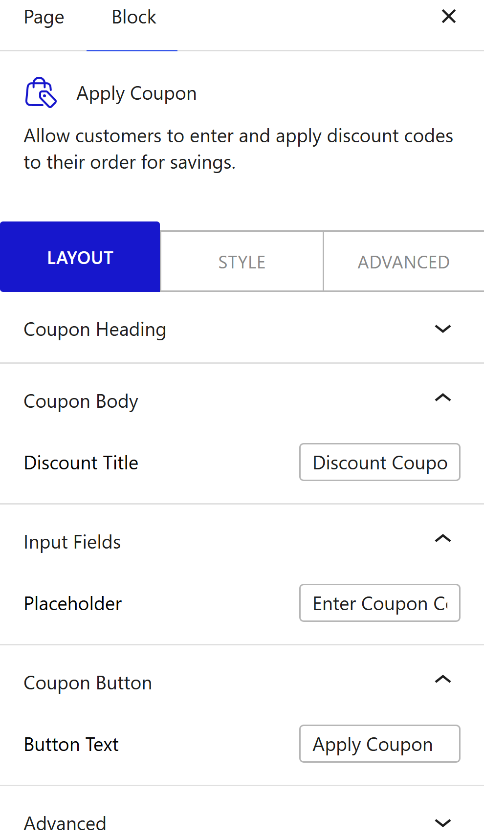 Nexter Blocks WooCommerce Apply Coupon block Layout inspector settings