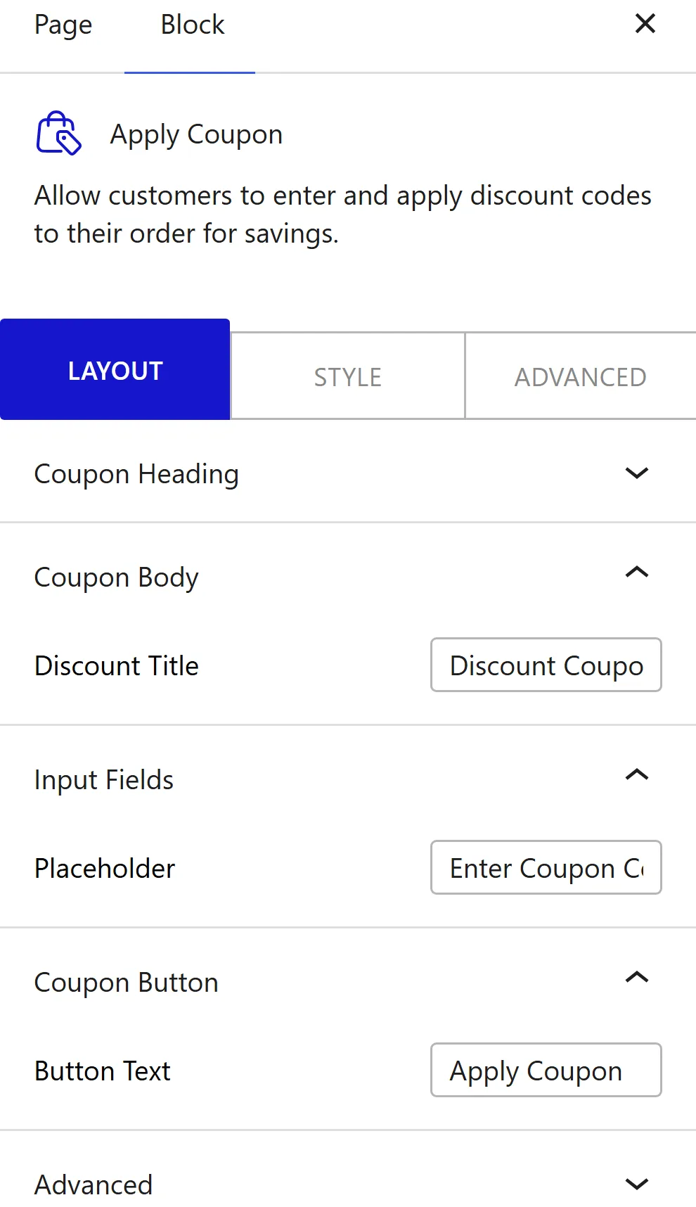 Nexter Blocks WooCommerce Apply Coupon block Layout inspector settings