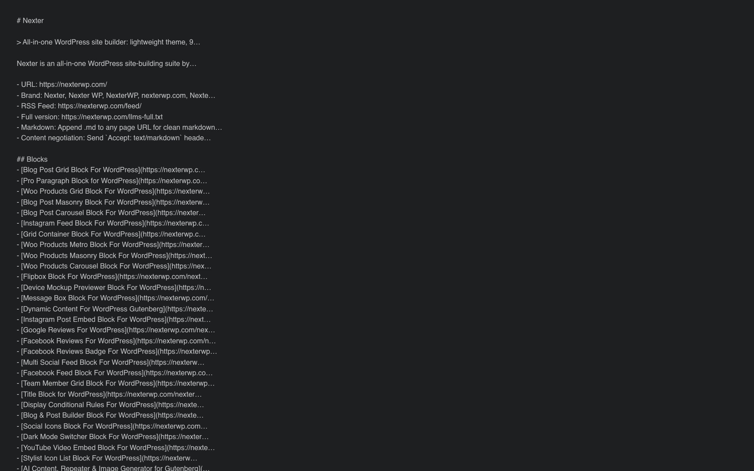 The live llms.txt file on nexterwp.com generated by the RankReady plugin