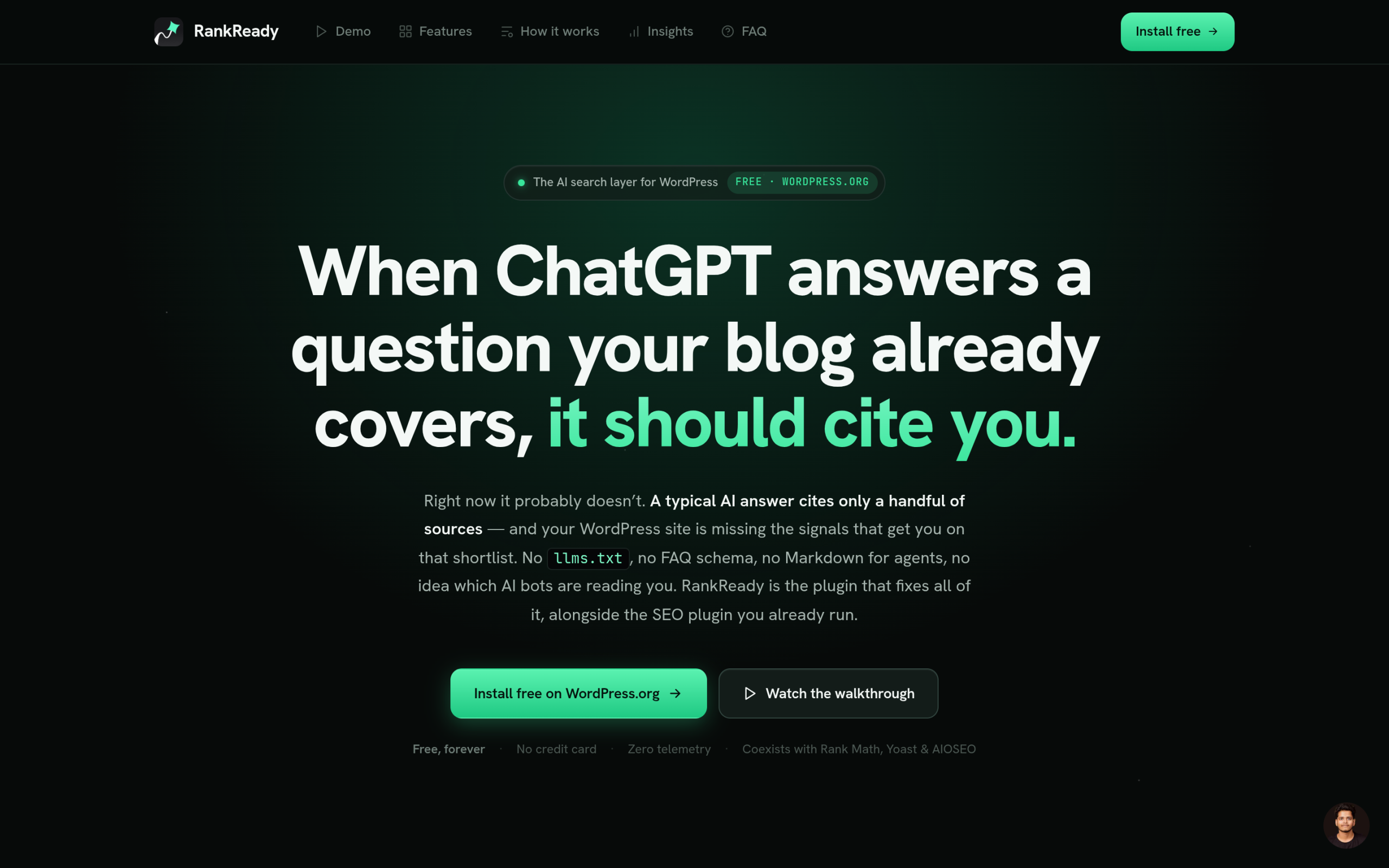 RankReady plugin page describing AI crawler logging and citation tracking for WordPress