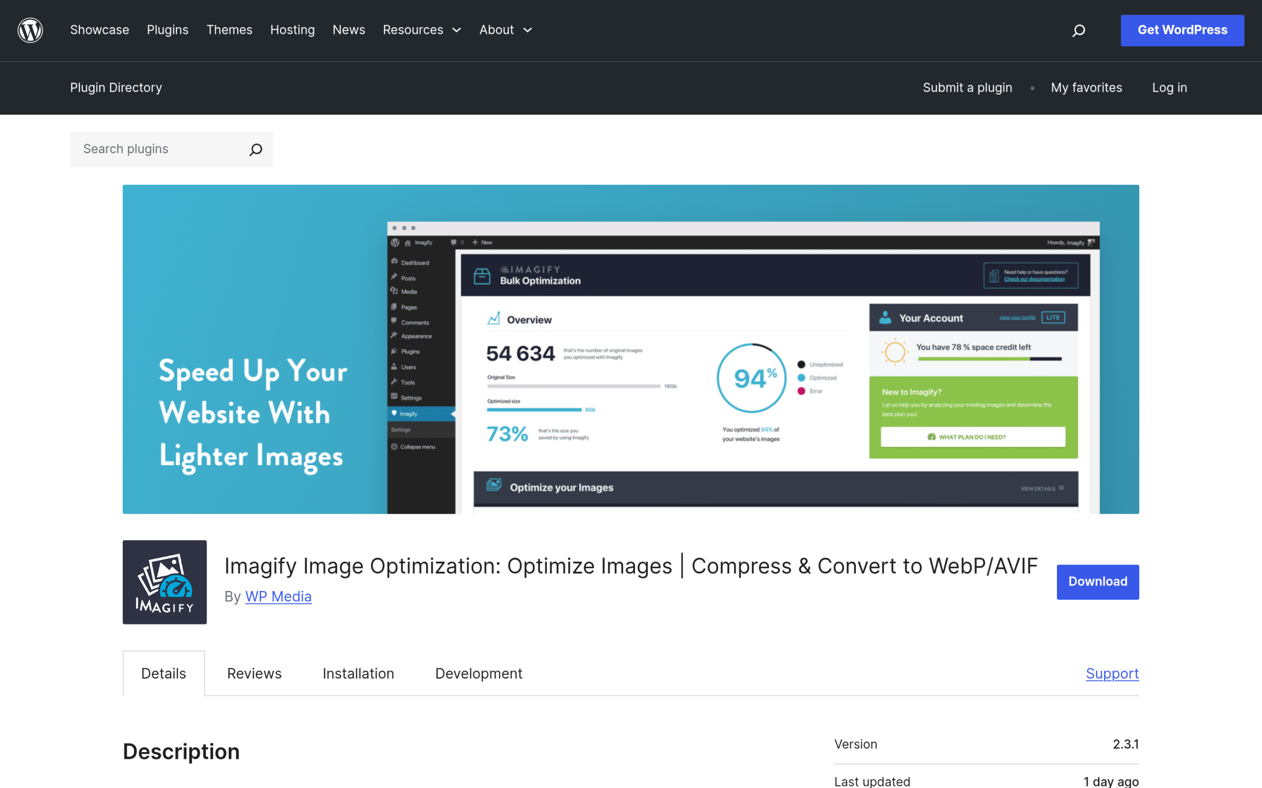 Imagify image optimization plugin page on WordPress.org