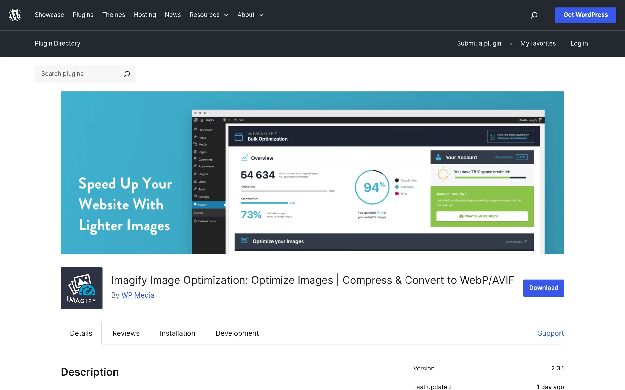 Imagify image optimization plugin page on WordPress.org