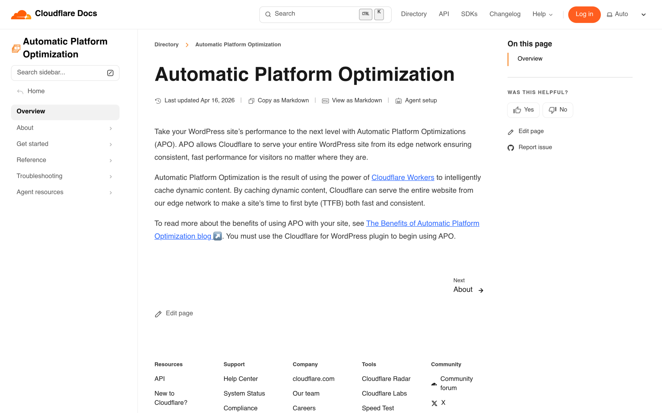 Cloudflare Automatic Platform Optimization documentation for WordPress