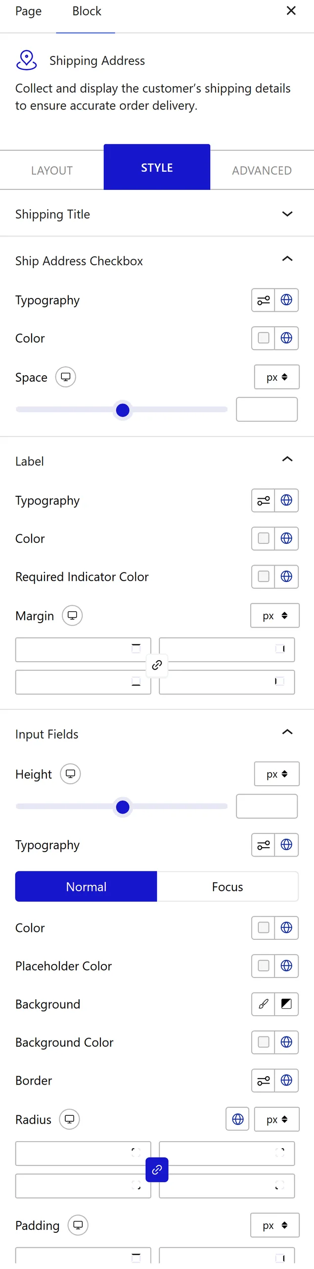 Nexter Blocks WooCommerce Shipping Address block Style inspector with title, checkbox, label, and input field options