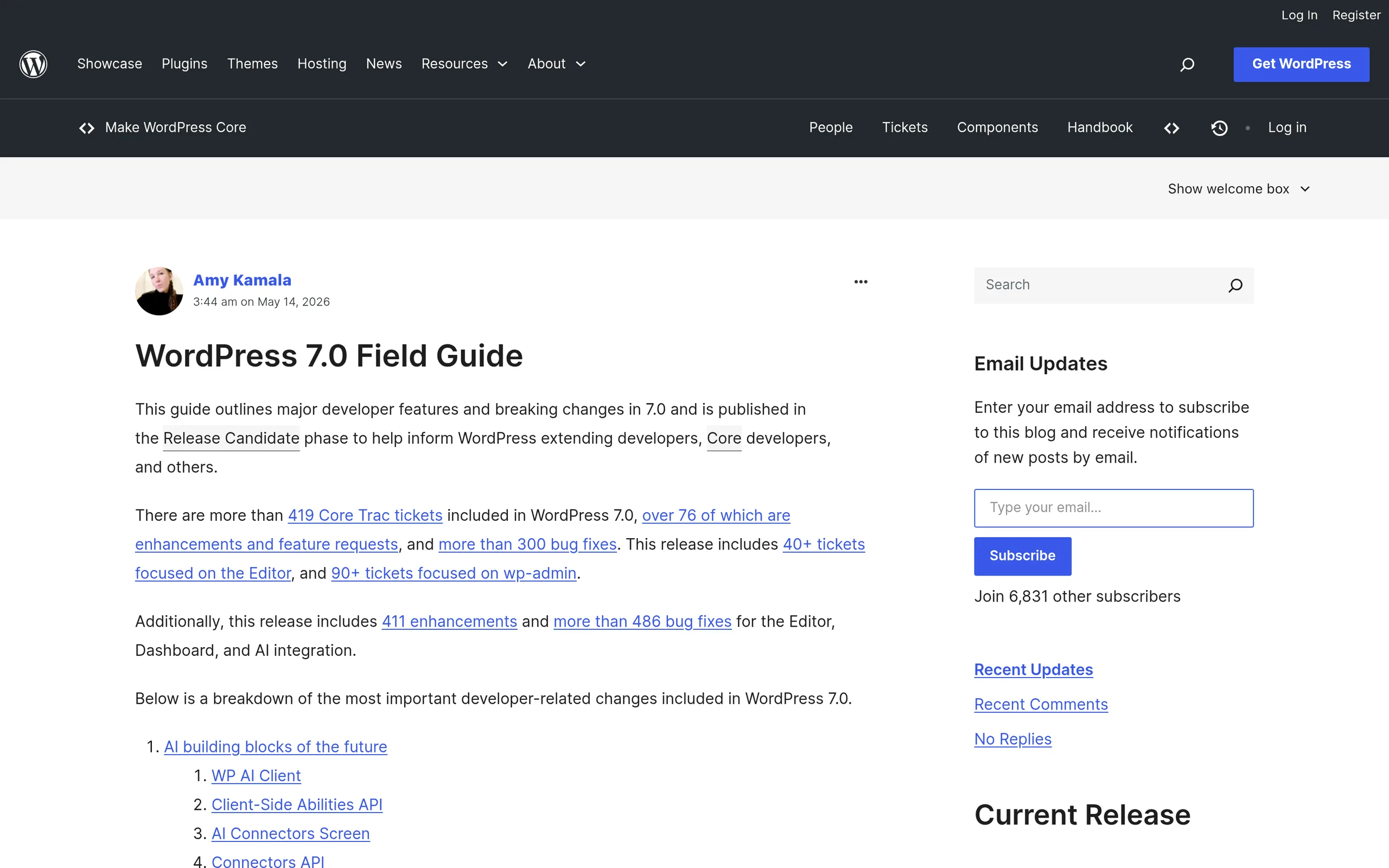 WordPress 7.0 Field Guide on Make WordPress Core