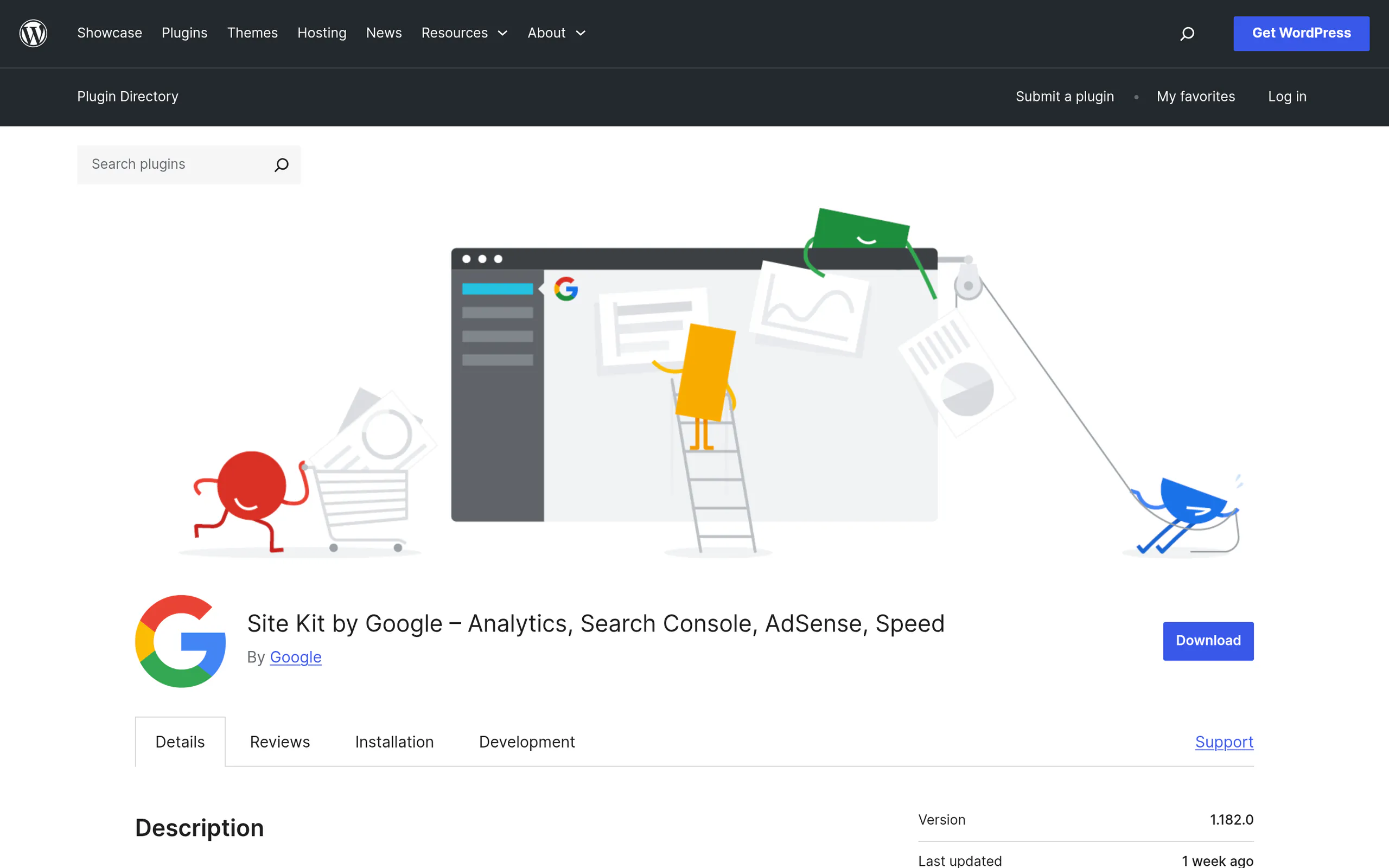 Site Kit by Google plugin page on WordPress.org, the official plugin that connects Search Console to WordPress