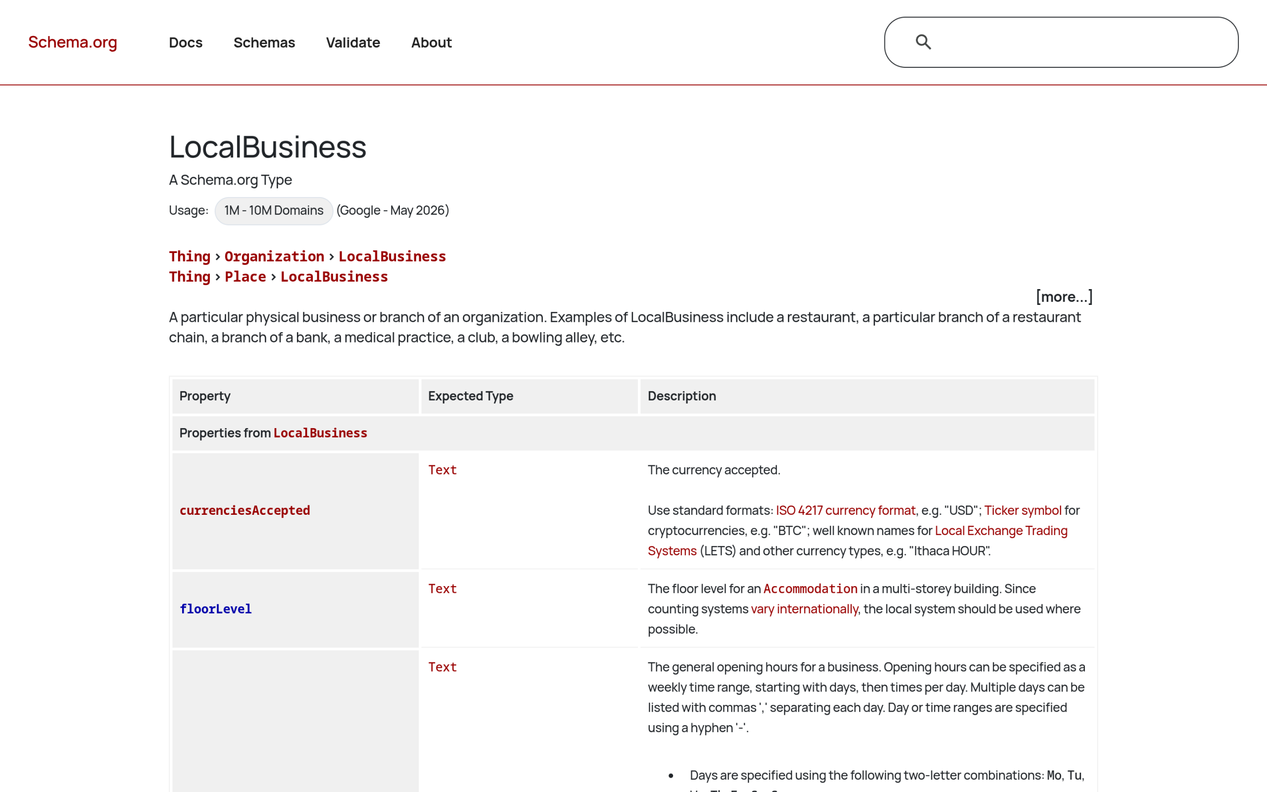 schema.org LocalBusiness type documentation showing properties like address, geo, and openingHours